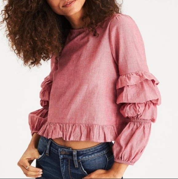 American Eagle Crop Peasant Top Red Boho Smocked Ruffle Sleeve Medium - Picture 1 of 9